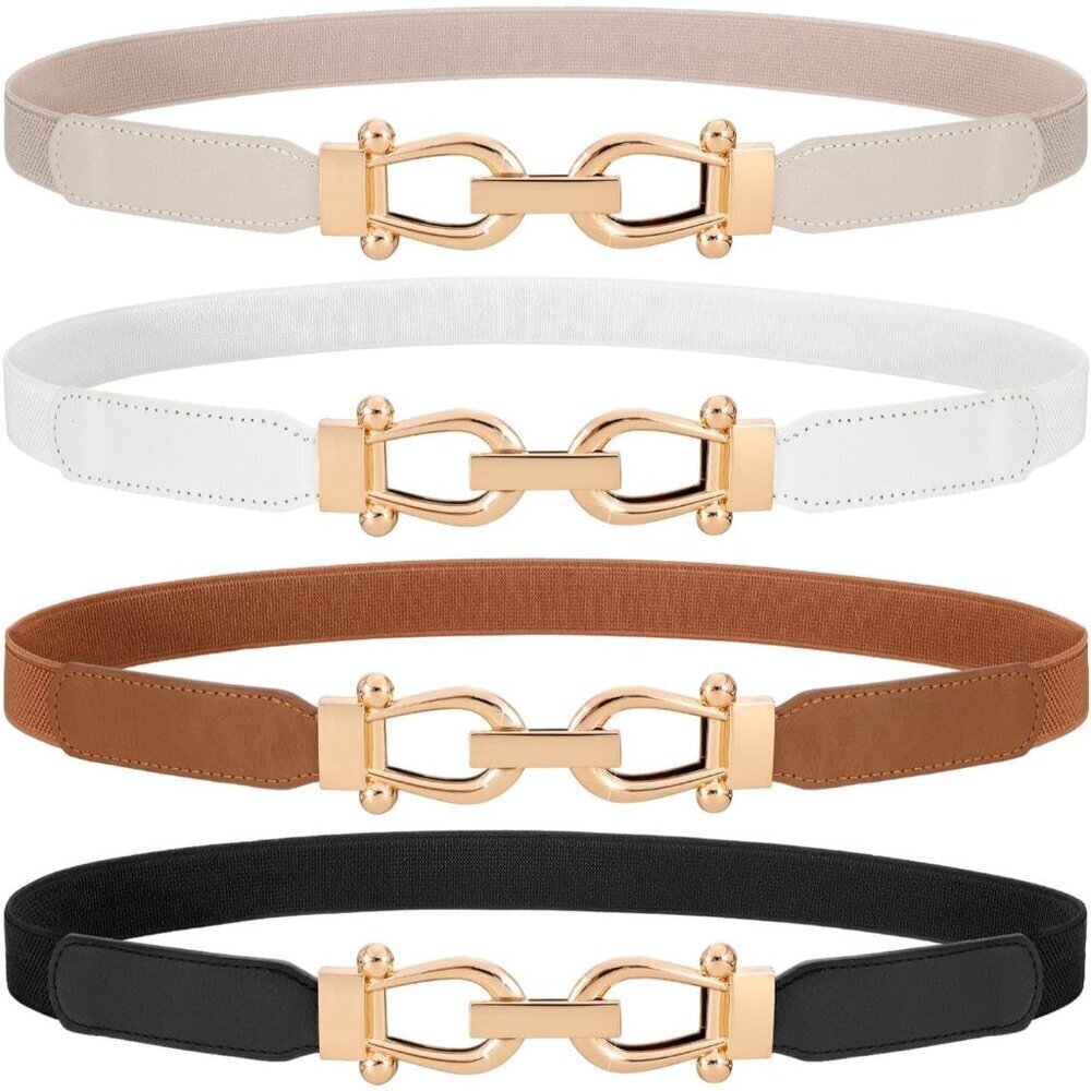 Women Skinny Elastic Waist Belt Set Gold Buckle for Jeans Dress Casual